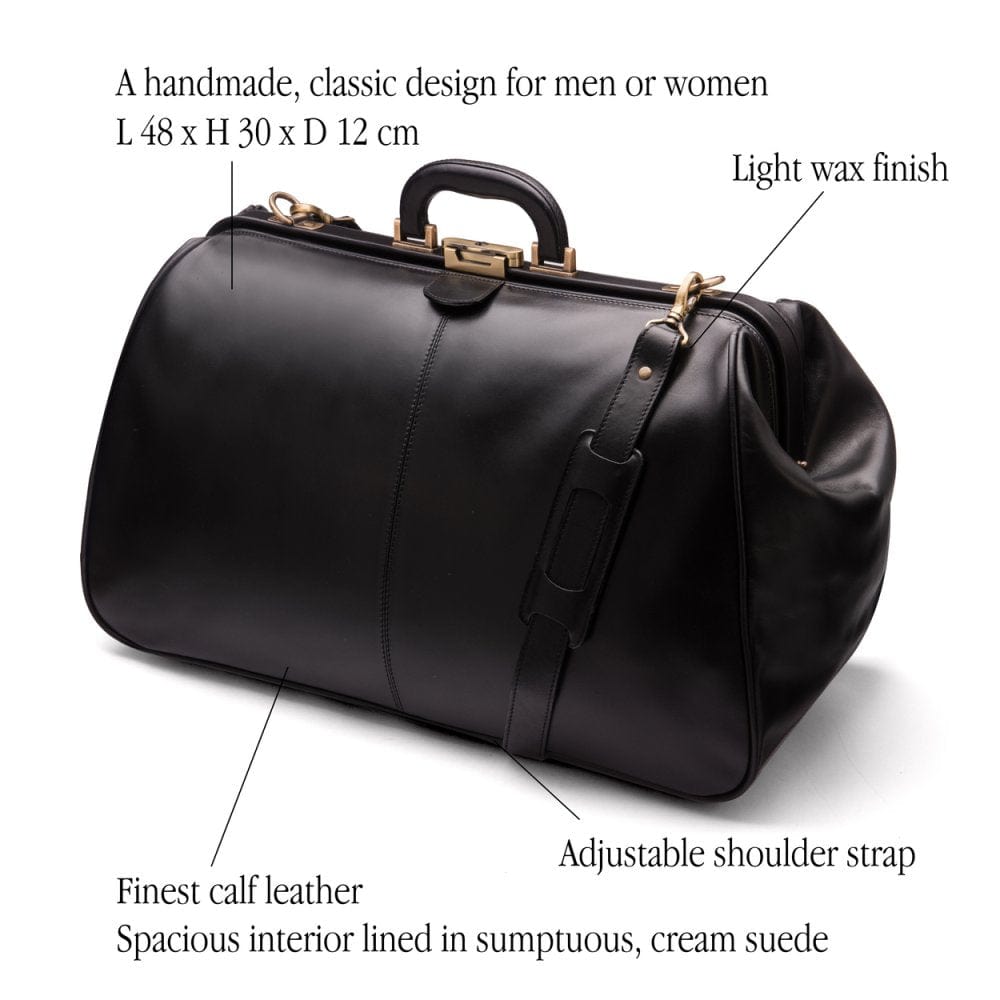 Leather Gladstone holdall, black, features