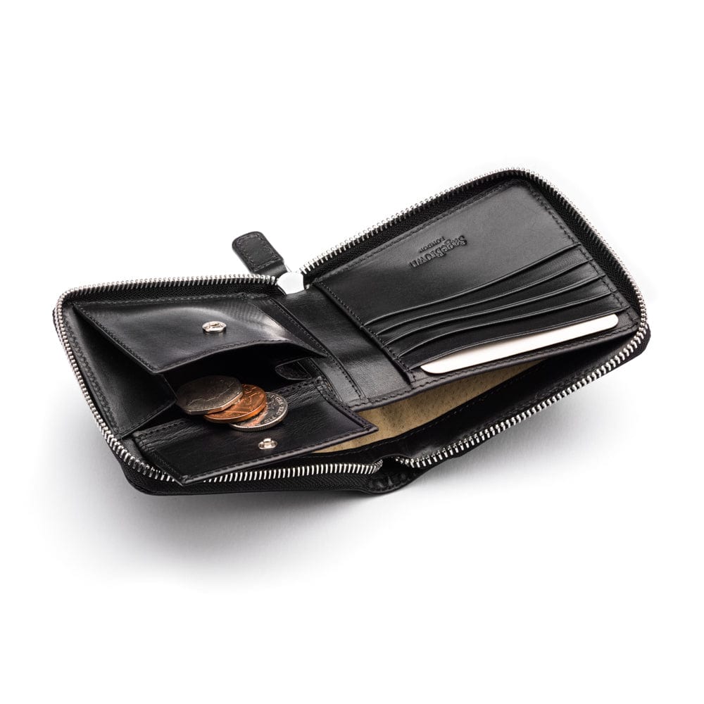 Men's leather zip wallet with coin purse, black, inside