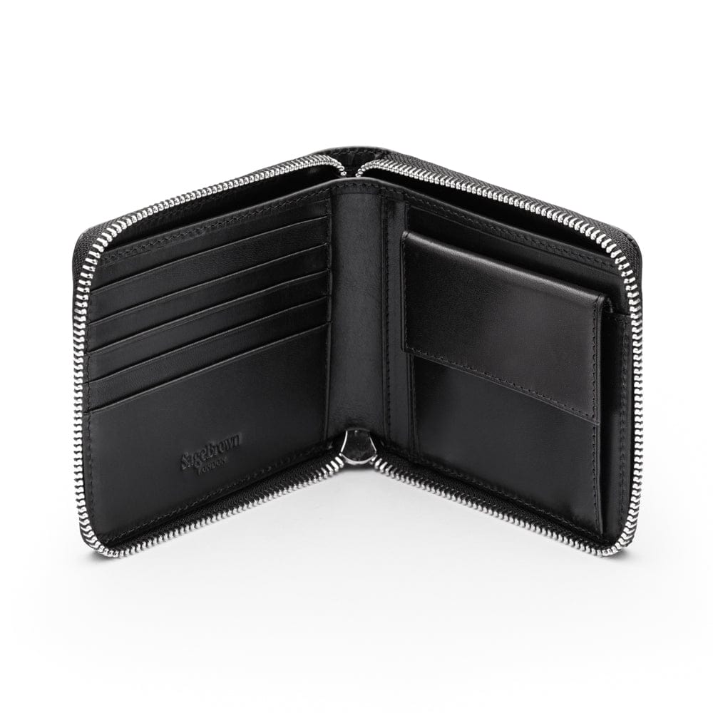 Men's leather zip wallet with coin purse, black, open