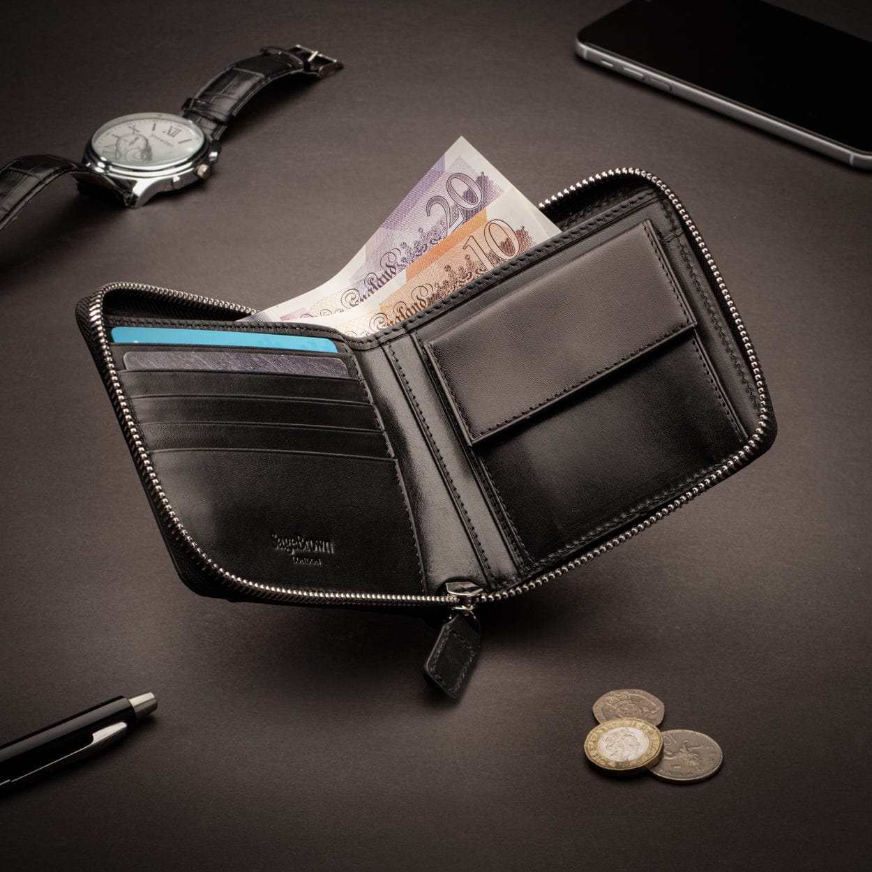 Black Leather Wallet With Coin Pocket Men's Zip Wallet With Coin