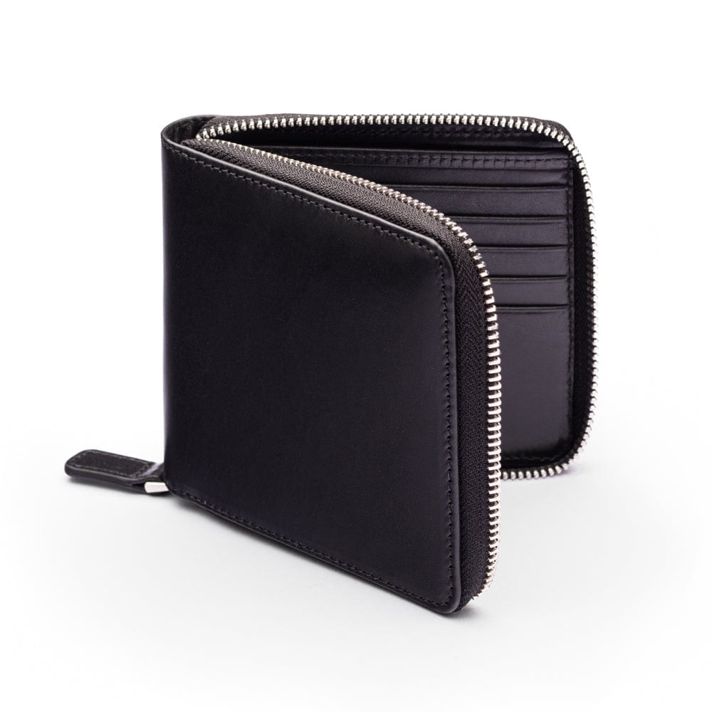 Men's leather wallet with zip around closure, black, front