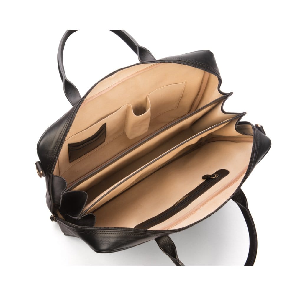 Leather laptop bag, black, 17 inch, inside