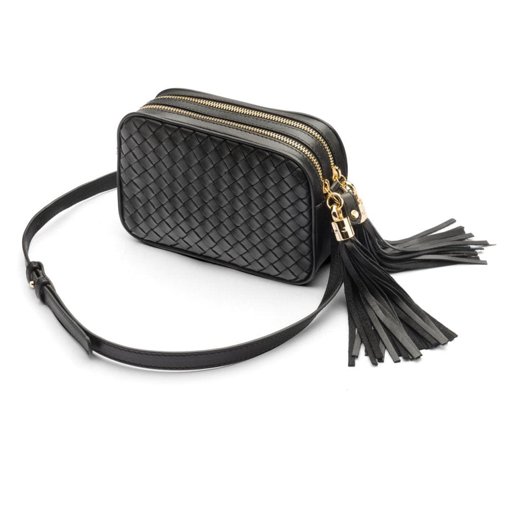 Woven leather camera bag, black, side