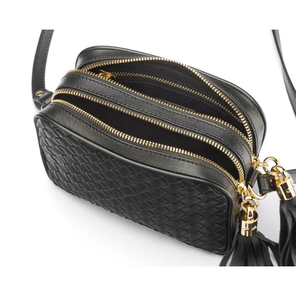Woven leather camera bag, black, inside