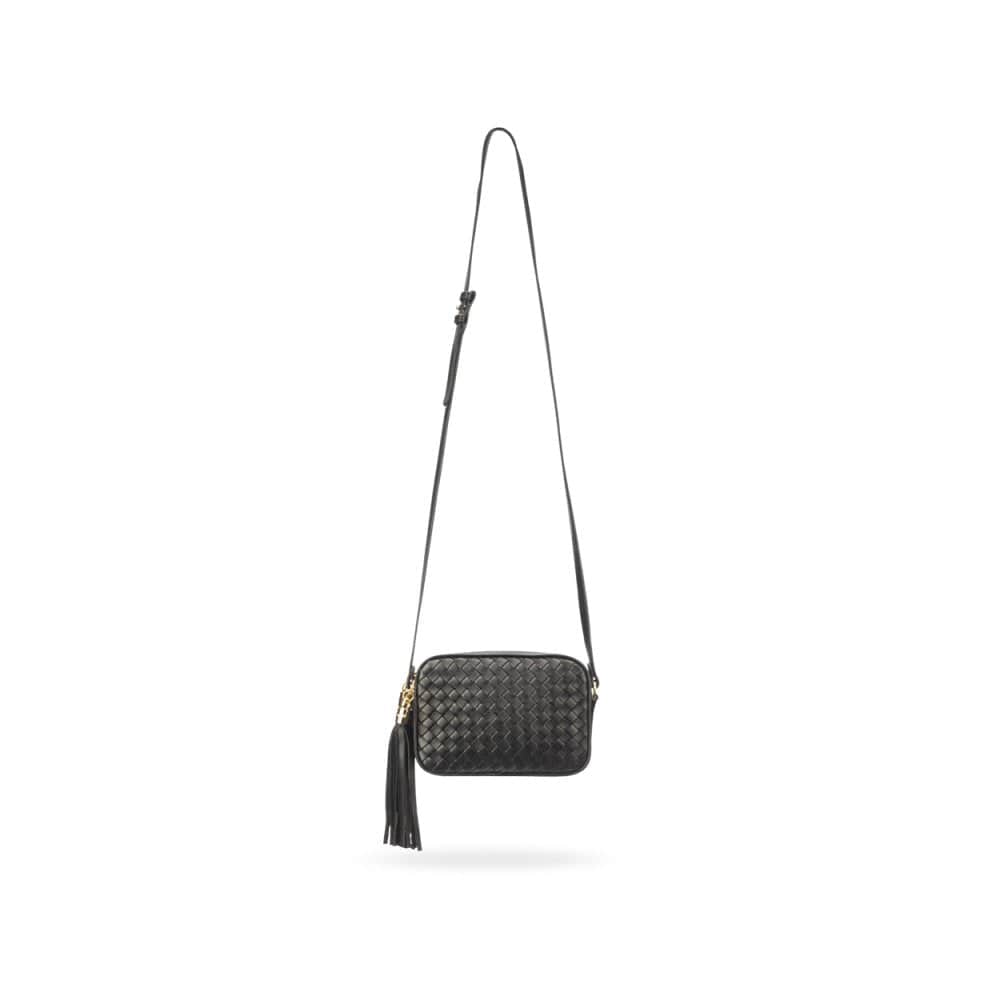 Woven leather camera bag, black, with long strap