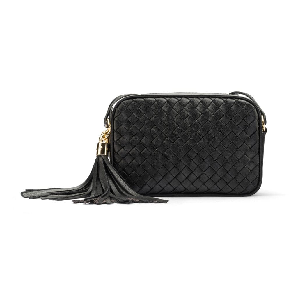 Woven leather camera bag, black, front