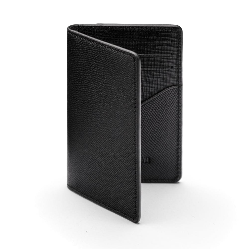 RFID bifold credit card holder, black saffiano, front view