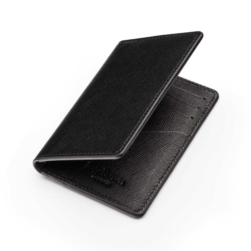 RFID bifold credit card holder, black saffiano, open view