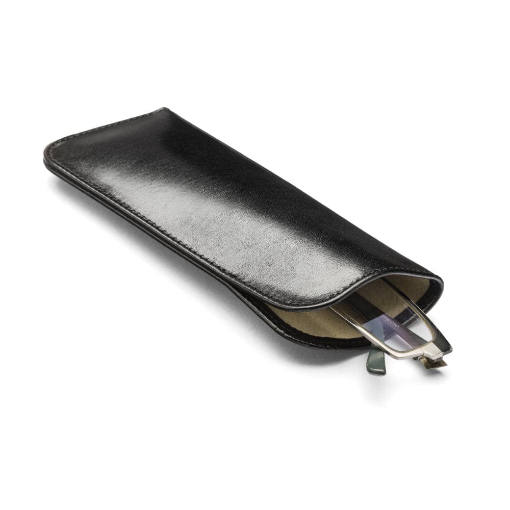 Small leather glasses case, black, open