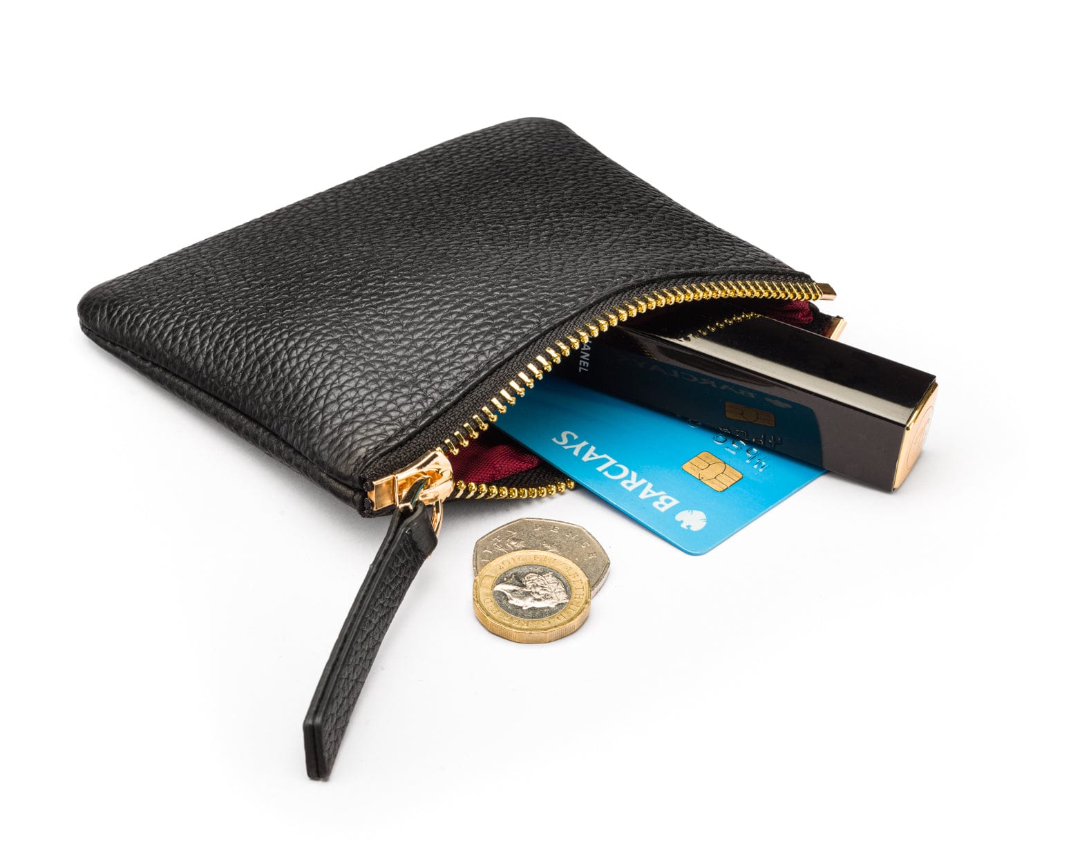 Small leather makeup bag, black, inside view