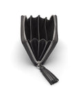 Small leather zip around coin purse, black saffiano, open
