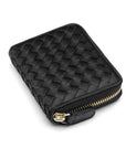 Small zip around woven leather accordion purse, black, front