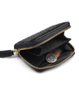 Small zip around woven leather accordion purse, black, inside