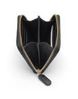Small zip around woven leather accordion purse, black, open