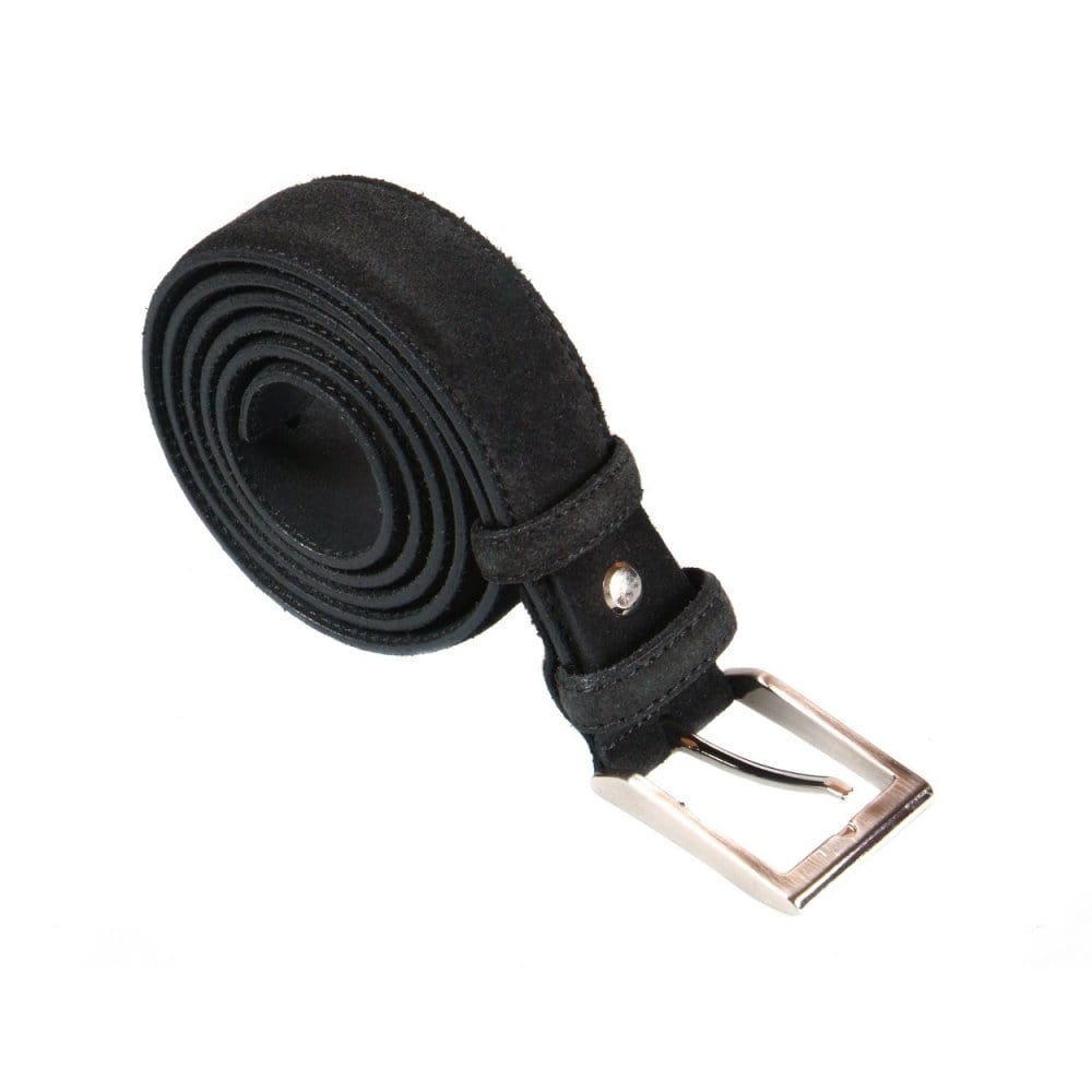 Leather belt with silver buckle, black suede
