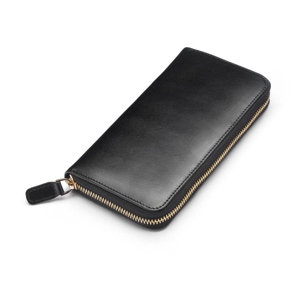 Tall leather zip around accordion purse, black, front