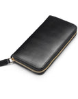 Tall leather zip around accordion purse, black, front