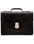 Leather briefcase with silver brass lock, Harvard vintage look, black, front