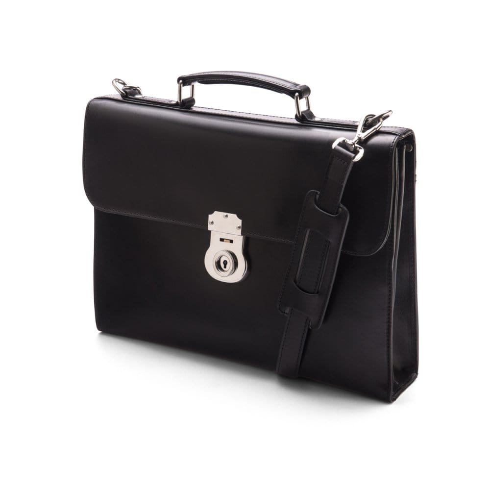 Black Vintage Leather Wall Street Briefcase With Silver Brass Lock