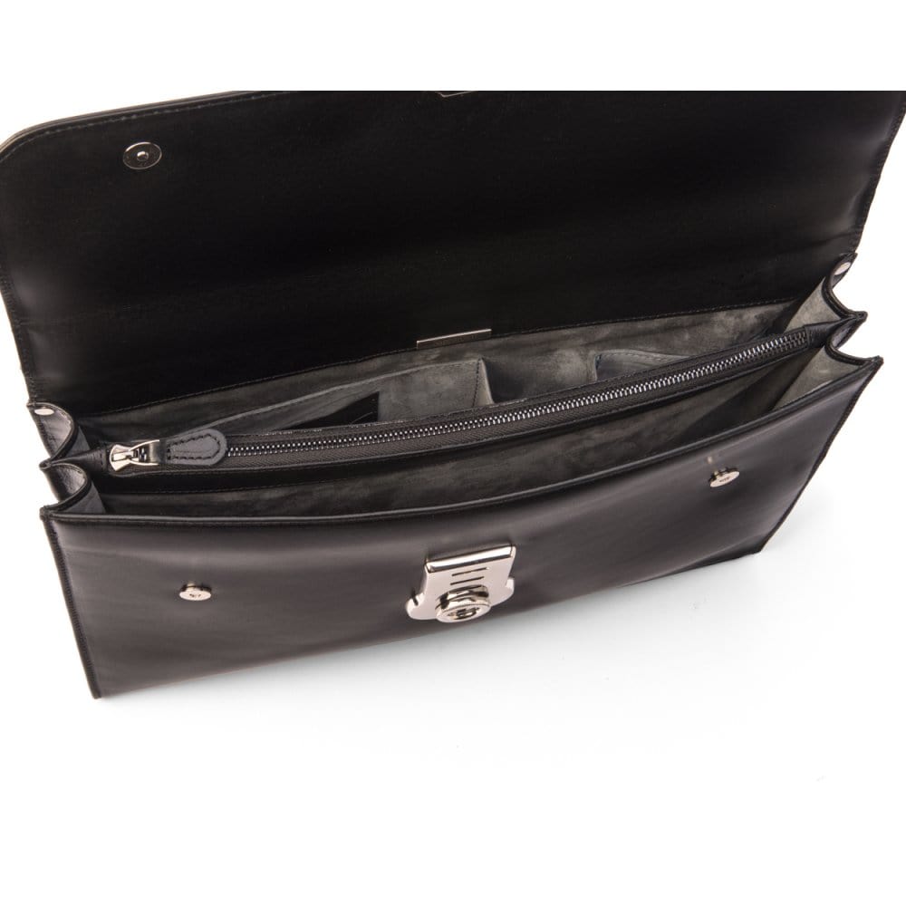 Black Vintage Leather Wall Street Briefcase With Silver Brass Lock