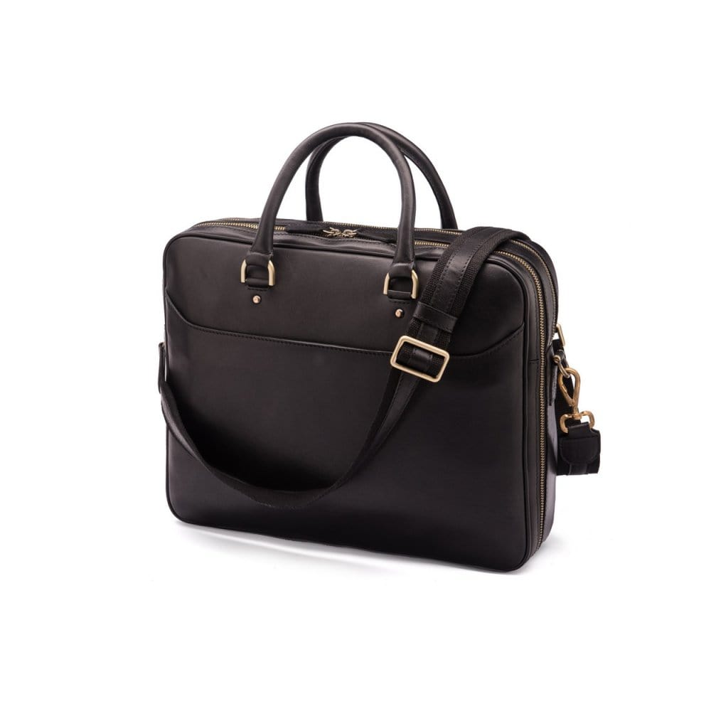 Leather 15" laptop briefcase, black, with shoulder strap