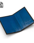 RFID leather credit card holder, black with cobalt, open view