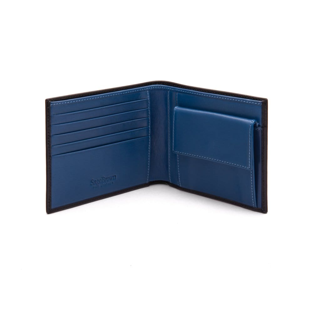 Leather wallet with coin purse, black with cobalt, open
