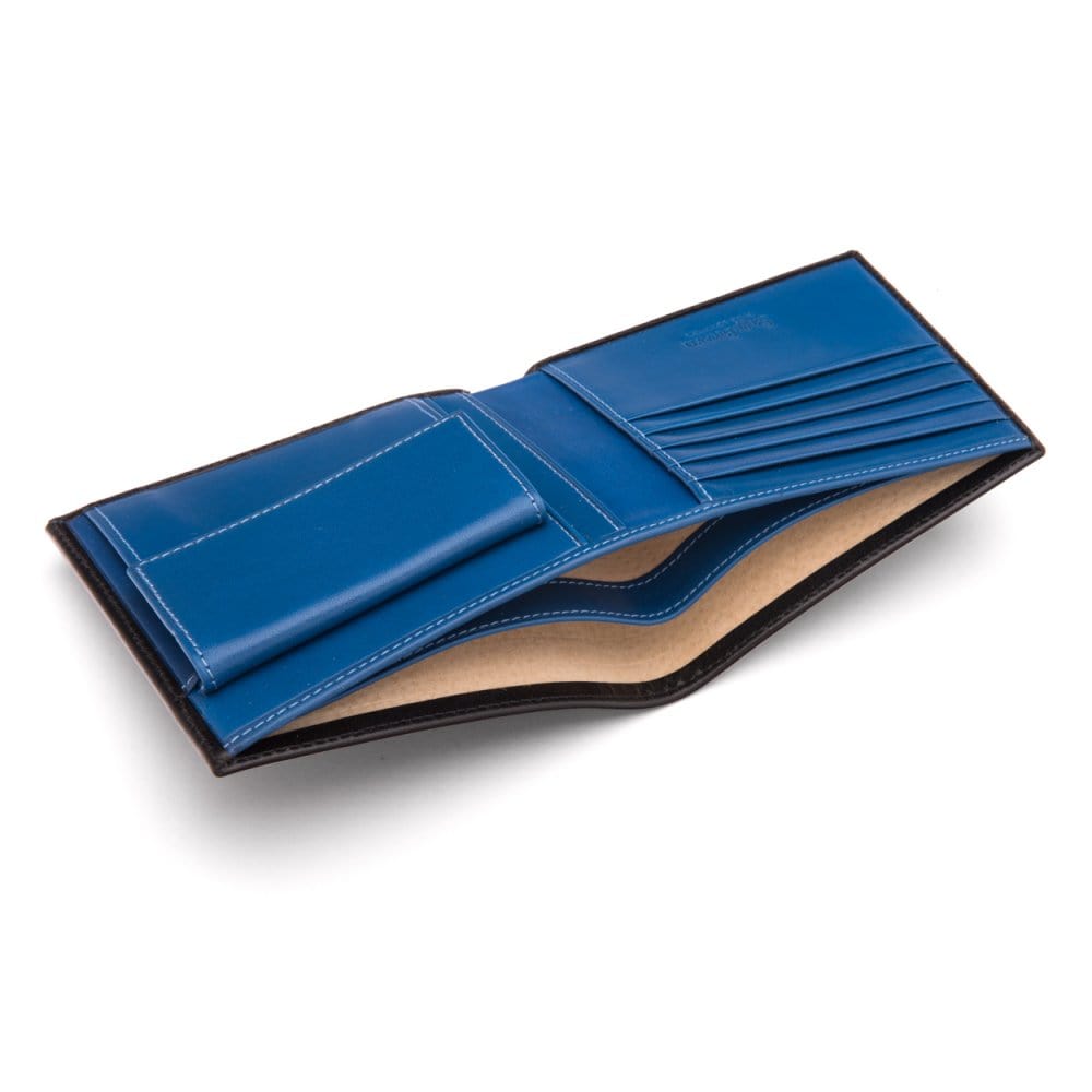 Leather wallet with coin purse, black with cobalt, inside
