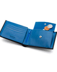 Leather coin wallet, black with cobalt, inside