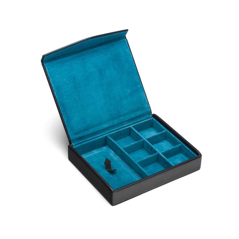 Large leather accessory box, black with cobalt, open