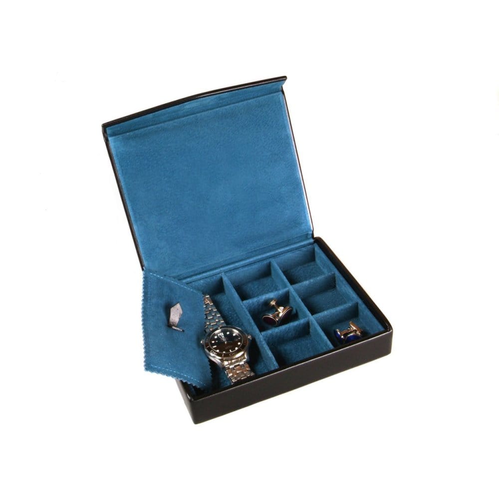 Large leather accessory box, black with cobalt, inside 2