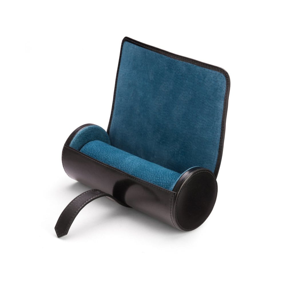 Large leather watch roll, black with cobalt, inside
