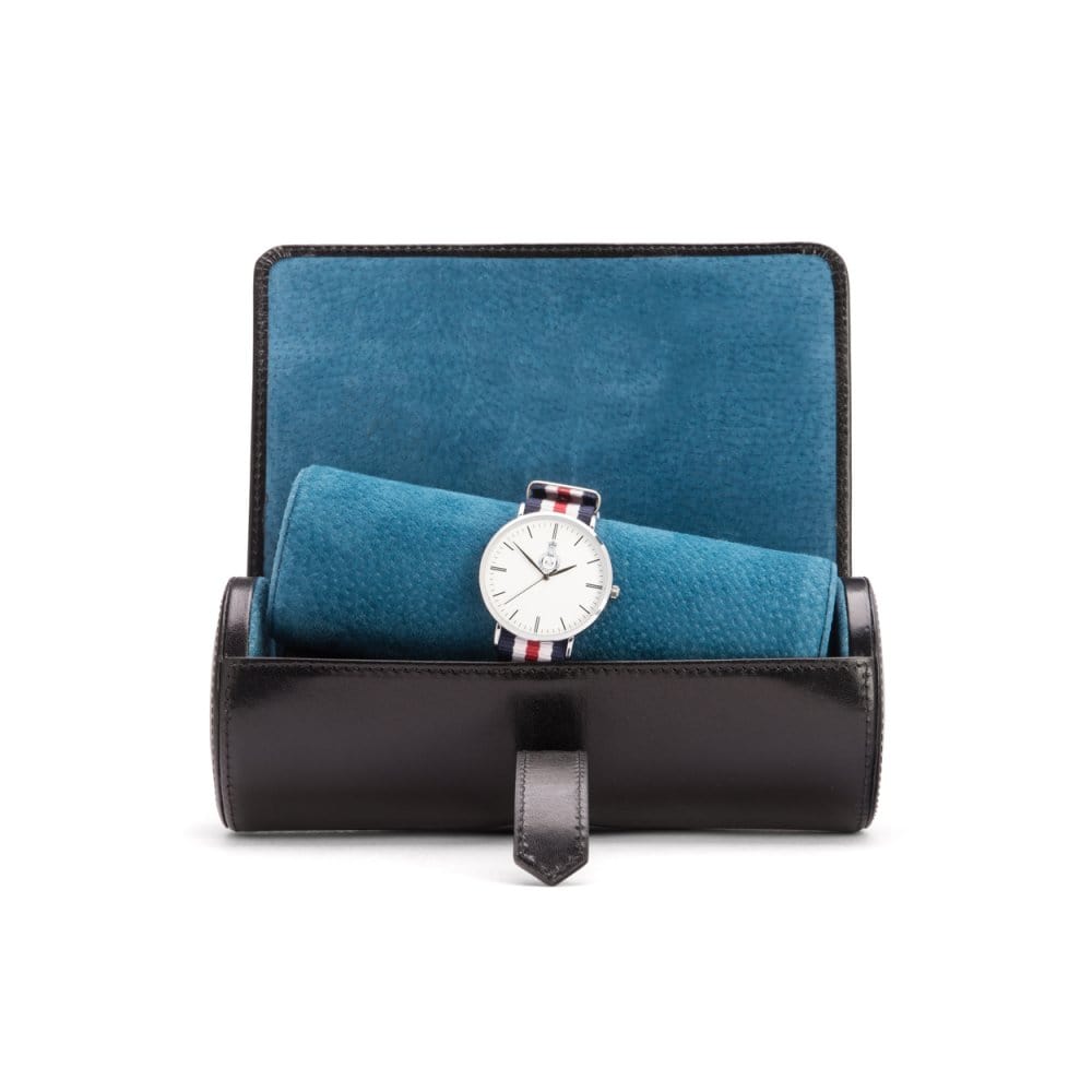 Large leather watch roll, black with cobalt, open
