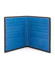 3/4 height leather wallet 14 CC, black with cobalt, open