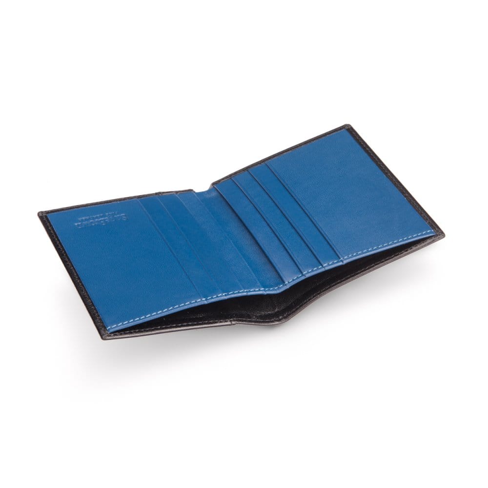 Leather compact billfold wallet 6CC, black with cobalt, inside