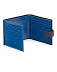 Leather wallet with tab closure, black with cobalt, open