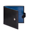 Leather wallet with tab closure, black with cobalt, front