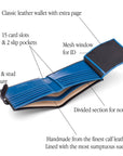 Leather wallet with tab closure, black with cobalt, features