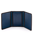 Leather tri-fold travel card holder, black with cobalt, open