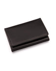 Leather tri-fold travel card holder, black with cobalt, front