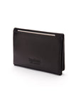 Leather tri-fold travel card holder, black with cobalt, back