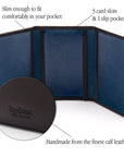 Leather tri-fold travel card holder, black with cobalt, features