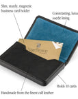 Leather business card holder with magnetic closure, black with cobalt, features