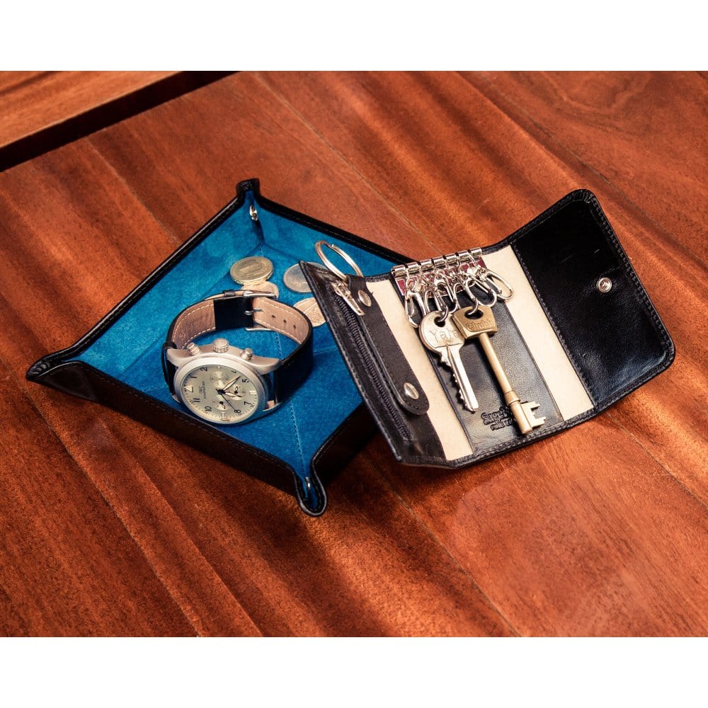 Leather valet tray, black with cobalt, lifestyle