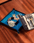 Leather valet tray, black with cobalt, lifestyle