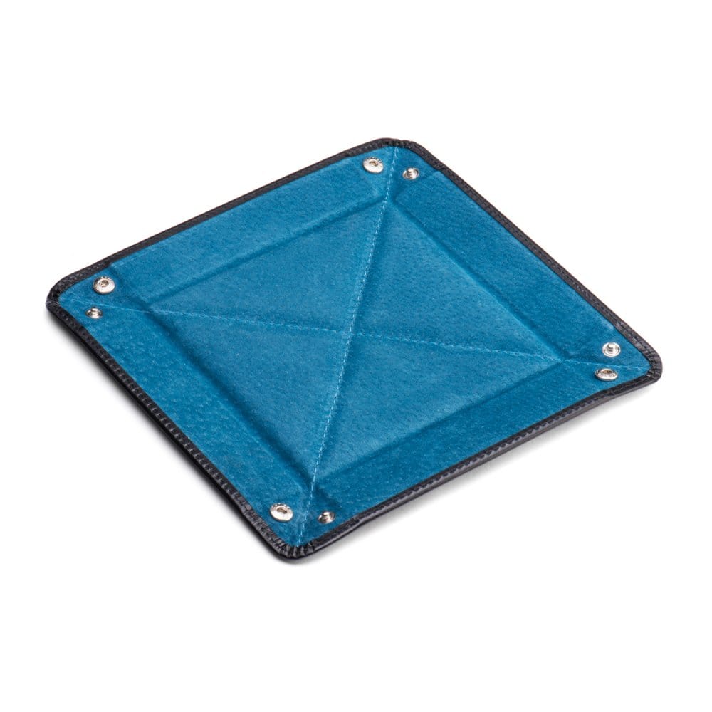 Leather valet tray, black with cobalt, flat