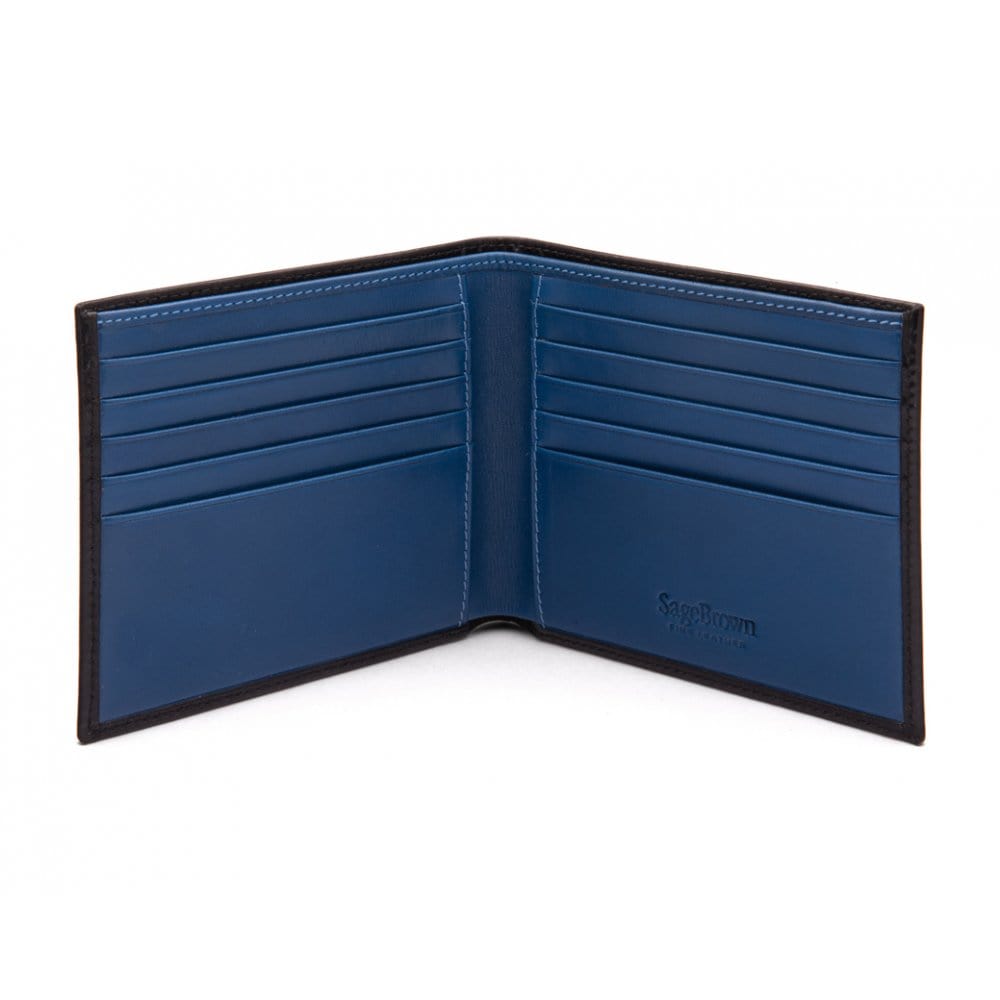 Men's leather billfold wallet, black with cobalt, open