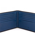 Men's leather billfold wallet, black with cobalt, open