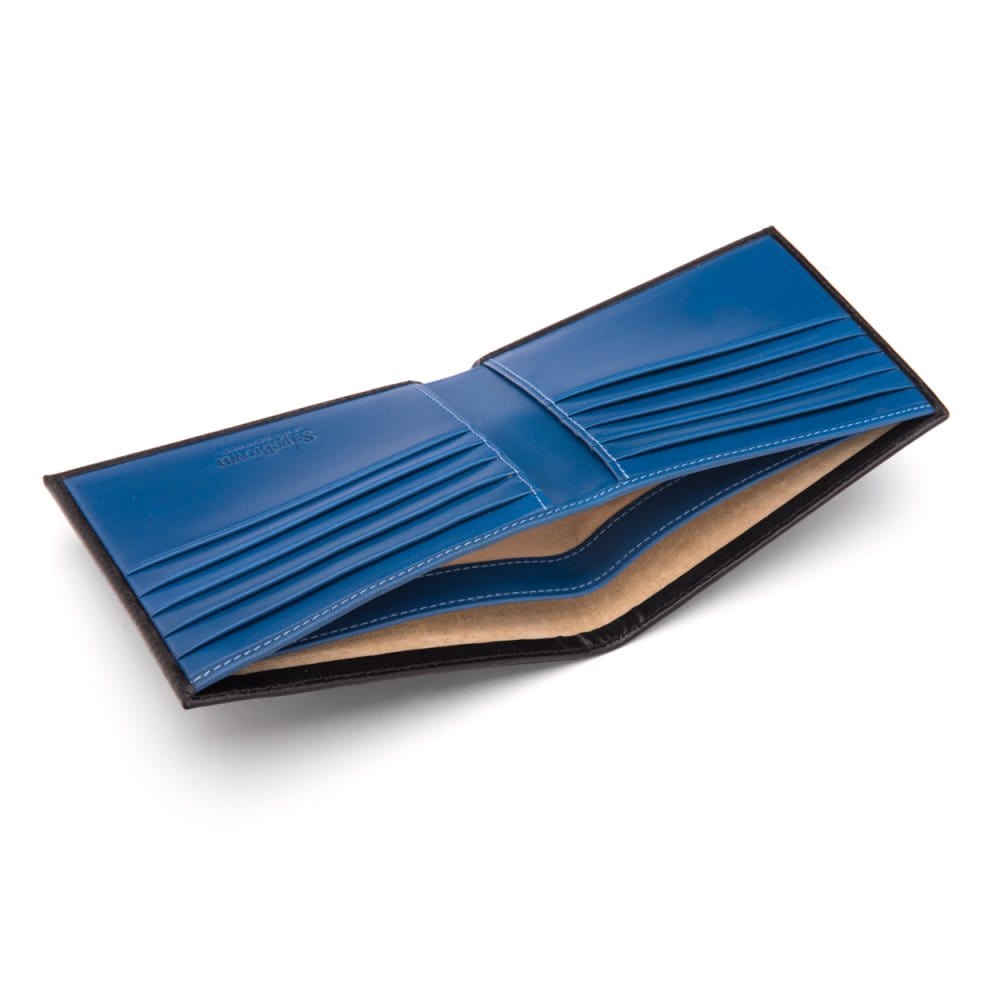 Men's leather billfold wallet, black with cobalt, inside