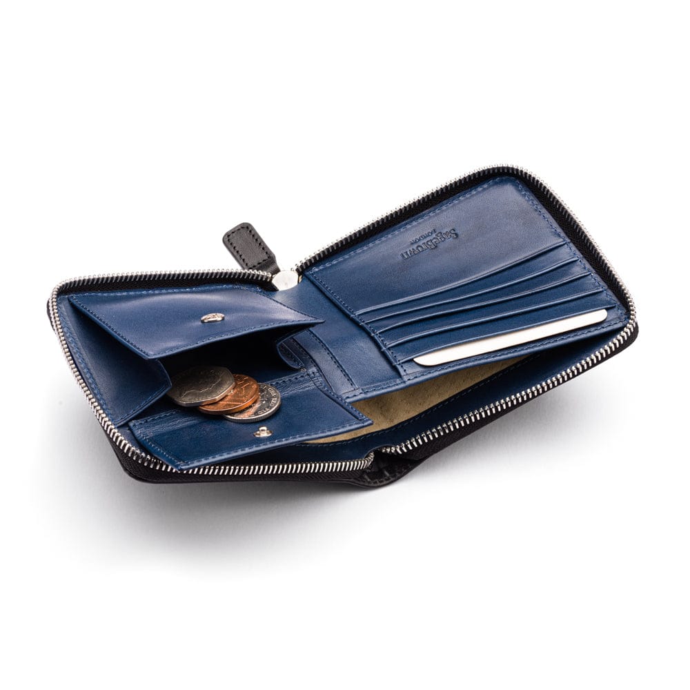 Men's leather zip wallet with coin purse, black with cobalt, inside